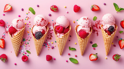 Sticker - A styled flat lay of strawberry and raspberry ice cream cones, with scoops of ice cream and fresh berries, set on a pastel pink background with sprinkles and mint leaves