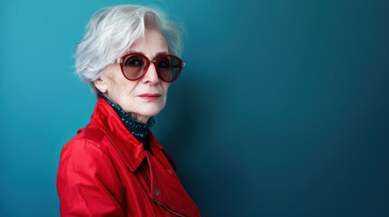 Wall Mural - A stylish elderly woman with short, silver hair, wearing a red jacket and chic sunglasses, standing confidently against a blue background