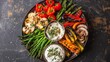 © an - On an elegant plate, brightly colored roasted vegetables are paired with a hummus dip, creating a dish that is not only delicious but also charming.
