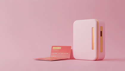 3d render illustration of two credit cards and a gold card slot on a pink background. a pink bank si