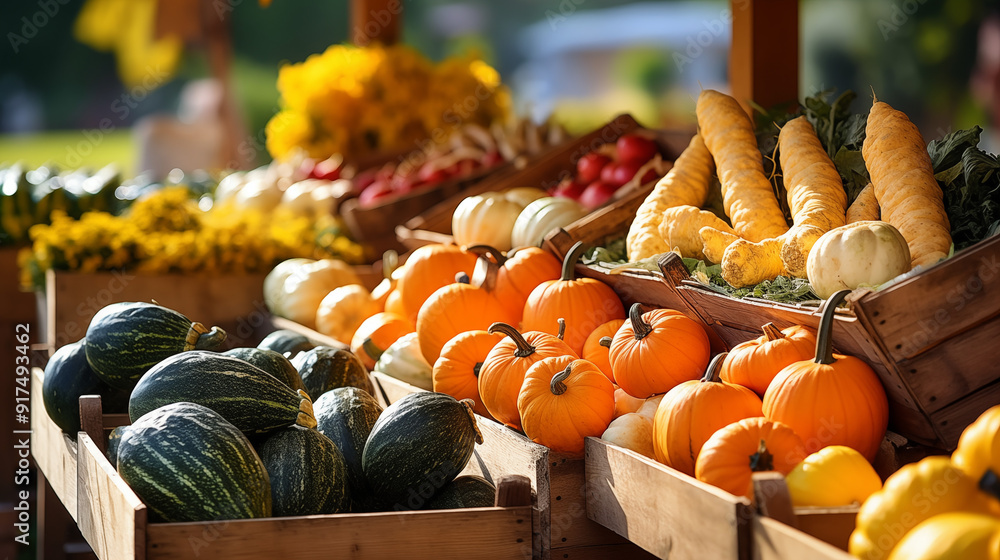 Seasonal Harvest Of Pumpkins Gourds And Root Vegetables At Outdoor ...