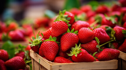 Wall Mural - Fresh Strawberries Packed in Wooden Crates with a Market Stall Background and Green Leaves