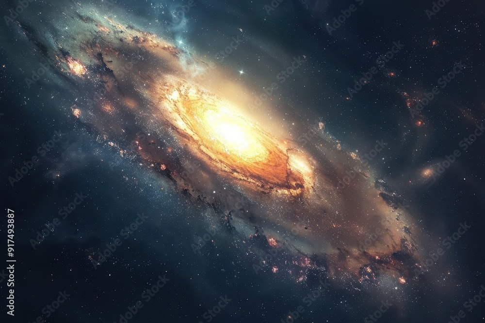 Glowing spiral galaxy with bright center and dark dust lanes in deep ...