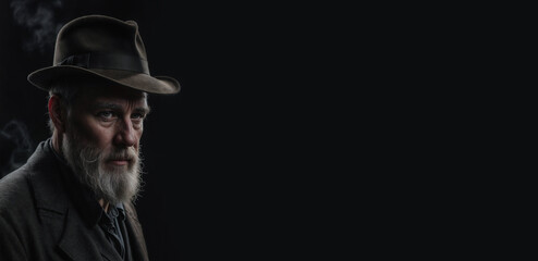 Poster - old bearded detective in a hat on a black background with empty space for text