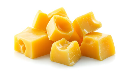 Illustrated close-up of tasty yellow cheese pieces isolated on a white background