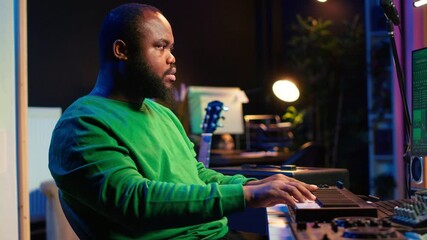 Leinwandbilder - Skilled music producer creating new songs on midi controller synthesizer, working with mixing console and professional software on pc. Artist using piano and mastering acoustical tunes. Camera A.
