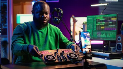 Poster - Music producer explaining faders and knobs on mixing console before teaching advanced post production stuff. Musical instructor gives advice about acoustical engineering, online vlog. Camera A.