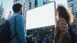 © Bettina - Blank billboard in the city. People looking with interest at an outdoor advertising poster. Public information panel on the street. Commercial campaign of popular products or services . Mockup