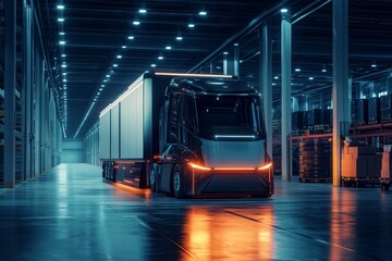 Wall Mural - Futuristic electric truck with self driving system in warehouse for transportation autonomy