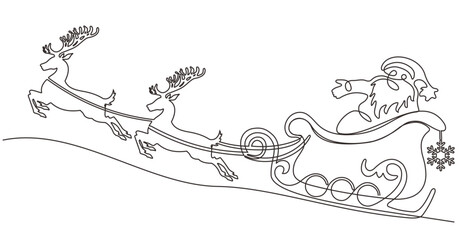 Wall Mural - One continuous line drawing Santa Claus on reindeer and sled