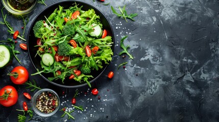 Wall Mural - Vegetarian salad with fresh greens and veggies, healthy meal on table