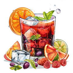 Drawing of refreshing sangria cocktail with ice, citrus slices and berries. Vibrant red drink garnished with mint leaves and fruit arrangement surrounding glass, isolated on blank background cutout.