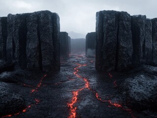 Poster - Dramatic volcanic landscape with glowing lava flows