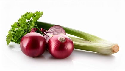 Poster - organic red onions celery on white background