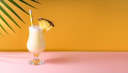 Poster - minimalist photo of pina colada cocktail on pastel pink and pale yellow background angle product shot summer drinks aesthetic