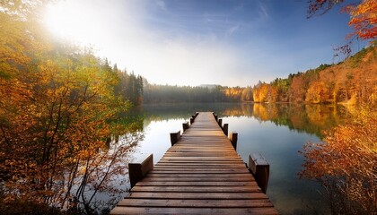 Wall Mural - photo of a beautiful view of a wooden pier and lake in the middle of the forest in autumn made by ai generative