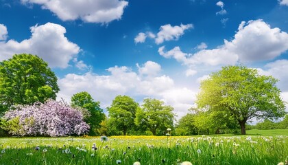 Poster - beautiful spring or summer background with trees and flowers and blue sky with clouds