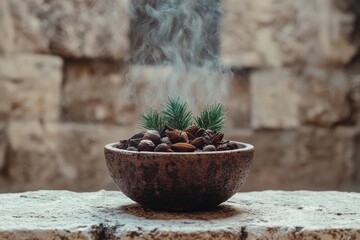 Poster - Cozy winter scene with pine cones and steam