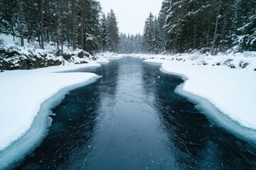 Poster - Serene winter landscape with frozen river and snowy forest