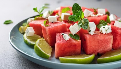 Wall Mural - fresh salad with water melon feta cheese lime and mint