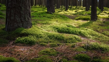 Poster - moss covered surface and soil of a pine tree forest