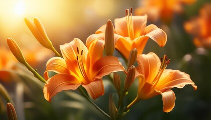 Poster - orange day lilies flowering in nature