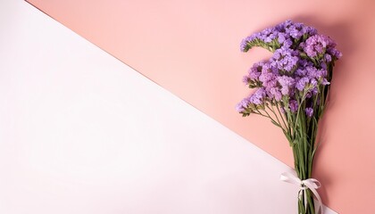 Canvas Print - purple statice flower bouquet on pastel pink and white background