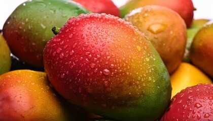 Poster - pile of vibrant and textured ripe mangoes adorned with clinging water droplets display their rich colors