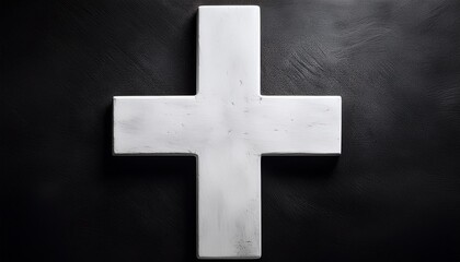 textured white cross mounted on a dark slightly scratched and textured black background the design is minimalist and modern creating a stark contrast between the cross and its backdrop