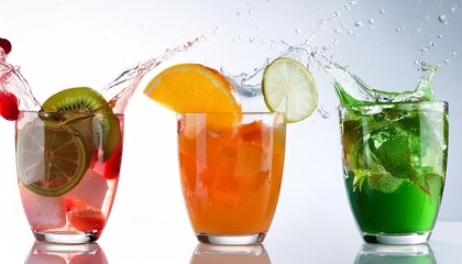 Poster - three different drinks with fruits in green orange and red with fresh splashing water