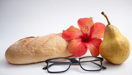 Poster - a pear a hibiscus flower a bread roll and glasses on a white background