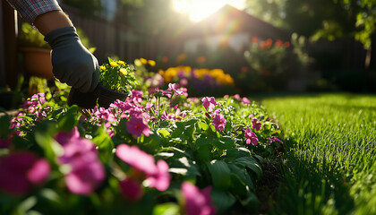 Canvas Print - a gardener tending to a blooming flower bed in a backyard garden