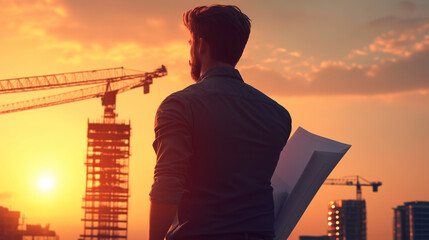 Canvas Print - An engineer focused on blueprints, surrounded by the construction site with a crane and towering building framework in the background