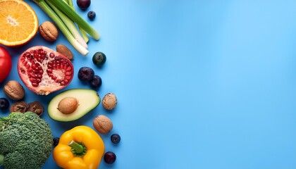 Poster - a variety of fruits and vegetables on a blue background