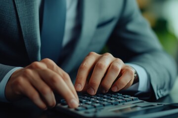 Wall Mural - Businessman in suit using calculator in office, calculating company income and annual profit