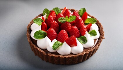 Poster - chocolate tart with whipped cream raspberries strawberries and mint leaves on a gray background close up photography for design and print generative ai