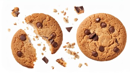 Wall Mural - crumbs integral wholewheat biscuit with oatmeal and chocolate cookie flying isolated on white top view clipping path