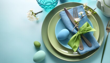 Poster - stylish spring table place setting in blue and green