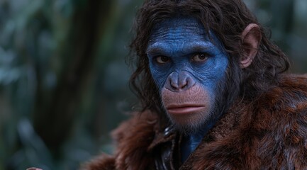 close-up portrait of a blue-faced primate in the forest