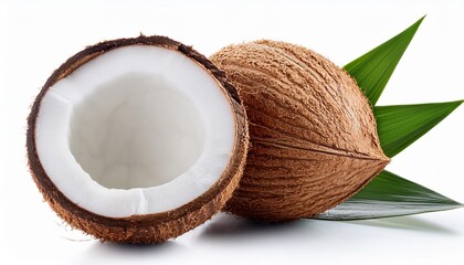 Poster - coconut isolated coconuts with leaves on white background coconut and a half full depth of field