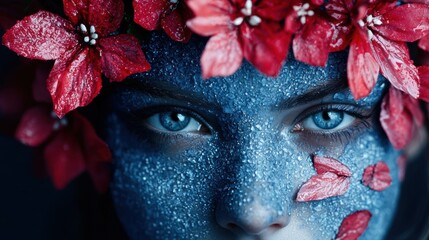 Poster - Artistic portrait of a person with flowers and water droplets