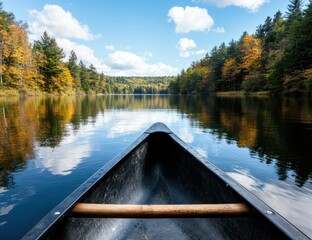 Poster - Serene autumn lake with canoe