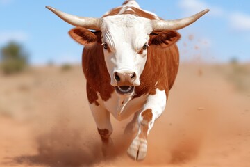 Poster - Curious cow with horns in a desert landscape