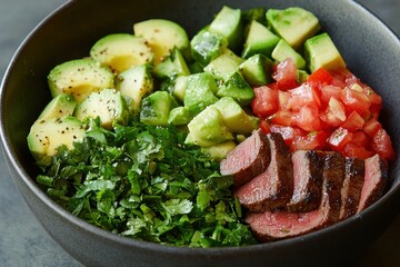 Wall Mural - Healthy vegetable and meat salad bowl