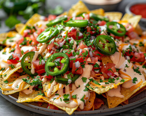 loaded nachos topped with melted cheese, fresh tomatoes, jalapenos, and cilantro