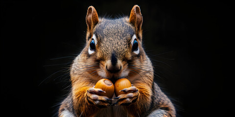 Squirrel Holds Two Acorns in its Paws, Looking Directly at the Camera