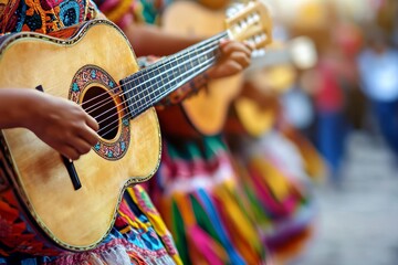 Wall Mural - Vibrant mexican dance performance  closeup of guitarists in colorful costumes at fiesta parade