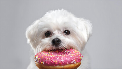 Wall Mural - maltese puppy enjoying a donut