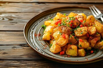 Wall Mural - Roasted or grilled potatoes on white plate.