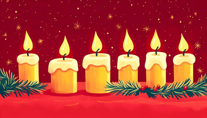 Wall Mural - Illustration of a row of cartoon Christmas candles on a red background